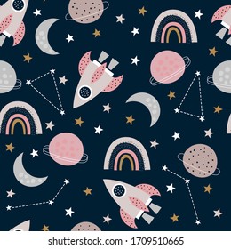 Seamless cute Space vector pattern for kids  children  baby  Rainbow  planets  moon  stars background  Scandinavian style for fabric  wallpaper  clothes  swaddles  apparel  planner  stickers 