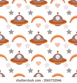 Seamless cute Space vector pattern for kids, children, baby. Rainbow, UFO, heart, stars background.  for fabric, wallpaper, clothes, swaddles, apparel, planner, stickers.