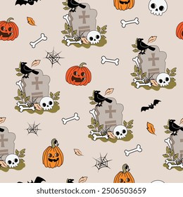 Seamless Cute Spooky Halloween Pattern with Skulls, Tombstones, Pumpkins, and Bats Hand drawn Vector for decorate invitation greeting Party Celebration card poster banner textiles wallpaper background