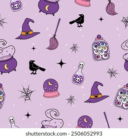 Seamless Cute spooky Halloween Witchy Pattern with Cauldron, Witch Hat, Broomstick, Crow, and Potion Bottles hand drawn vector illustration for card poster, textiles, wallpaper, paper wrap, background