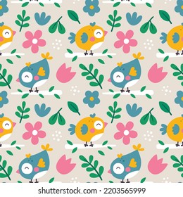 Seamless cute spring floral pattern made with flowers, birds, plants, branches, leaves, nature, summer
