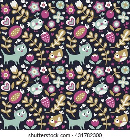 Seamless cute spring floral pattern made with flowers, cat, birds, plants, strawberry, cherry, berries, leaves, nature, summer dark
