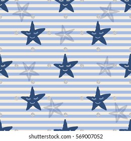 seamless cute star fish with silver dot glitter pattern on stripe background