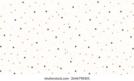 Seamless cute star pattern with gold, gray, and dark purple stars on cream background. Celestial vector for kids fabric, nursery wallpaper, baby shower, wrapping paper, and digital designs.