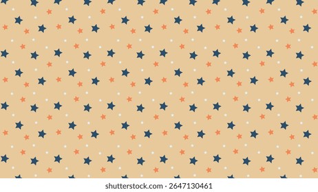 Seamless cute star pattern with navy, orange, and white stars on beige background. Ideal for nursery decor, baby products, kids fabric, wrapping paper, and playful digital or print designs.