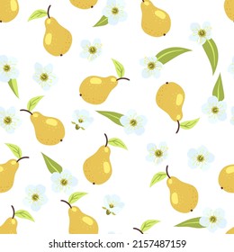 Seamless cute summer autumn pear pattern with fruits, leaves, white flowers background. Vector illustration cover, wallpaper texture, wrapping backdrop, vintage packaging.