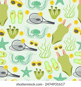 Seamless cute summer holiday beach elements pattern. Sea animals, seaweeds, swimsuit, flip flops, tennis racket and sunglasses. Cartoon vector illustration. Green colors.