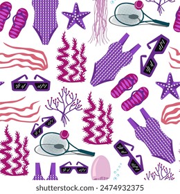 Seamless cute summer holiday beach elements pattern. Sea animals, seaweeds, swimsuit, flip flops, tennis racket and sunglasses. Cartoon vector illustration. Violet colors.