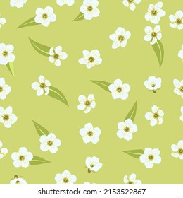 Seamless cute summer pattern with leaves, white bloom flowers on green background. Vector illustration spring cover, wallpaper texture, wrapping backdrop, vintage packaging.