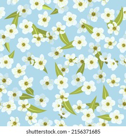 Seamless cute summer pattern with leaves, white bloom flowers on green background. Vector illustration spring cover, wallpaper texture, wrapping backdrop, vintage packaging.