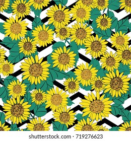 Seamless cute sunflower vector pattern.