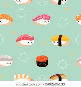 Seamless cute sushi pattern background
