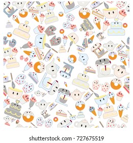 Seamless cute sweet blue pastel kitchen tools bakery items,cup,mug,ice cream,cake,blender,mixer cooking and bake cartoon doodle comic art illustration vector background pattern