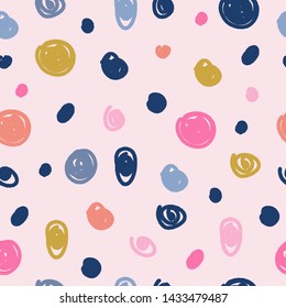 Seamless cute sweet pattern with colorful polka dots on pink background for kids design, scrapbook, baby shower party, invitations and wedding cards. Vector EPS clip art.