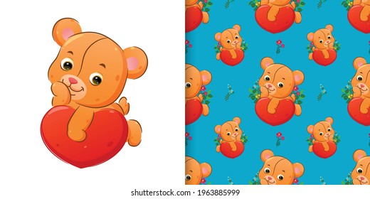The seamless of the cute teddy bear lie down on the big heart of illustration