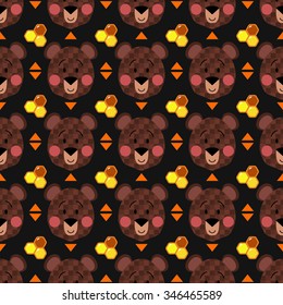 Seamless cute teddy brown bear and honeycomb pattern. Vector forest wildlife illustration. Wood background of wild animal Alaska. Siberian mammals. 