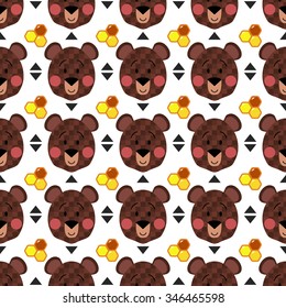 Seamless cute teddy brown bear and honeycomb pattern. Vector forest wildlife illustration. Wood background of wild animal Alaska. Siberian mammals. 