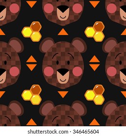 Seamless cute teddy brown bear and honeycomb pattern. Vector forest wildlife illustration. Wood background of wild animal Alaska. Siberian mammals. 