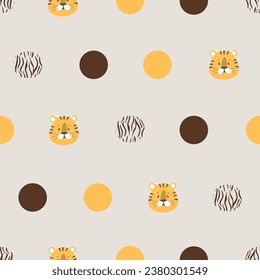 Seamless cute tiger pattern. Vector polka dot background, baby print