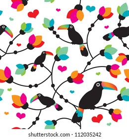 Seamless cute toucan bird tropical illustration background pattern in vector