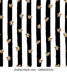 Seamless cute trendy pattern with Golden glitter stars and hearth on black hand drawn striped background. Vector design for fabric textile, wrapping paper, wallpaper, wedding, cards