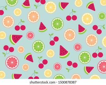 Seamless cute tropical mix fruits (Watermelon ,Cherry ,Orange ,Lemon ,Lime ,Grapefruit) pattern on green background design for backdrop ,wallpaper ,poster ,postcard and cover book.Summer concept.