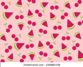 Seamless cute tropical mix fruits (Watermelon slice ,Cherry) pattern on ping pastel background design for backdrop ,wallpaper ,poster ,postcard and cover book.Summer concept.Vector.