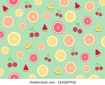 Seamless cute tropical mix fruits (Watermelon ,Orange ,Lemon ,Lime and cherry) pattern on green mint background.Memphis style.Design for backdrop ,wallpaper.Summer concept.Vector.illustration.

