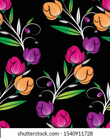 Seamless cute tulip floral pattern on black background
