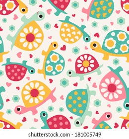 Seamless cute turtle cartoon print with floral pattern on white background. Repeated animal spring colorful vector illustration.
