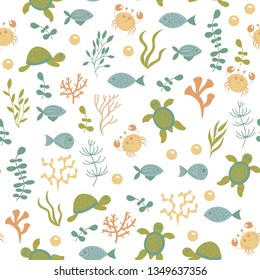 Seamless cute underwater pattern on white background. sea vector animals. It can be used for backgrounds, surface textures, wallpapers, print fills. kids fashion. flat design