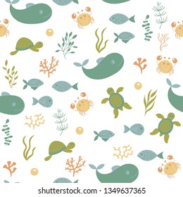 Seamless cute underwater pattern on white background. sea vector animals. It can be used for backgrounds, surface textures, wallpapers, print fills. kids fashion. flat design