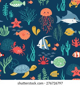 Seamless cute underwater pattern on dark blue background.