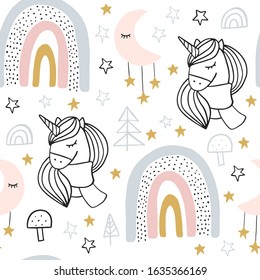 Seamless cute unicorn pattern for kids, children, baby. Rainbow, clouds, moon, and stars background. Scandinavian style for fabric, wallpaper, clothes, swaddles, apparel, planner, sticker