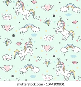 Seamless cute unicorn pattern with stars, rainbow, clouds and hearts. Magical baby background 