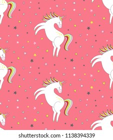 Seamless cute unicorn vector pattern with stars. Hand drawn magical baby background.
