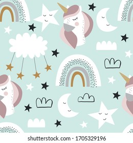 Seamless cute unicorn vector pattern for kids, children, baby. Rainbow, clouds, moon, and stars background. Scandinavian style for fabric, wallpaper, clothes, swaddles, apparel, planner, sticker