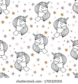 Seamless cute unicorn vector pattern for kids, children, baby. Rainbow, clouds, moon, and stars background. Scandinavian style for fabric, wallpaper, clothes, swaddles, apparel, planner, sticker