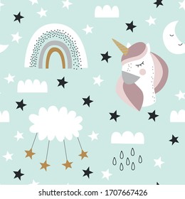 Seamless cute unicorn vector pattern for kids, children, baby. Rainbow, clouds, moon, and stars background. Scandinavian style for fabric, wallpaper, clothes, swaddles, apparel, planner, sticker