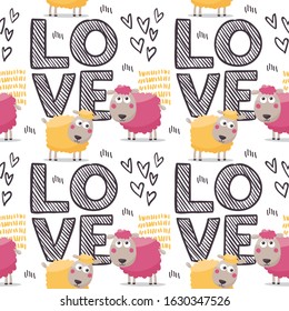 Seamless cute vector animal pattern with farm sheeps, graphic elements, love, hearts