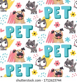 Seamless cute vector animal pet pattern with pug dogs and cats, flower and heart