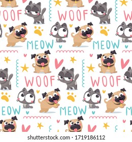 Seamless cute vector animal pet pattern with pug dogs and cats, paw and bone, meow and woof