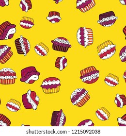 Seamless of cute vector cupcakes and muffins. Colorful cupcake isolated for food poster design on yellow, white and purple.