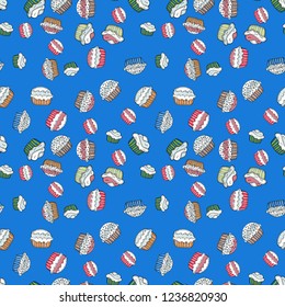 Seamless of cute vector cupcakes and muffins. Colorful cupcake isolated for food poster design on blue, white and gray.