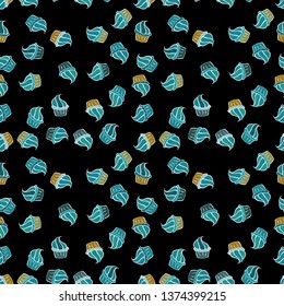 Seamless of cute vector cupcakes and muffins. Colorful cupcake isolated for food poster design on blue, black and white.