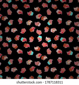 Seamless of cute vector cupcakes and muffins. Colorful cupcake isolated for food poster design on black, orange and pink.