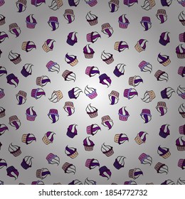 Seamless of cute vector cupcakes and muffins. Colorful cupcake isolated for food poster design on black, white and purple.