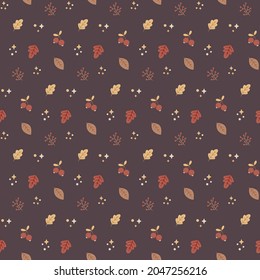 Seamless cute vector floral autumn pattern with leaves, berries, acorns, stars, bubbles