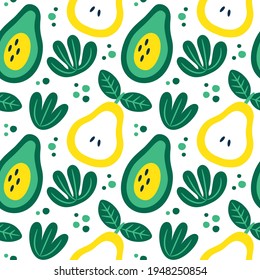 Impresionante vectores vectoriales florales patrón de verano con aguacate, pera, plantas, hojas