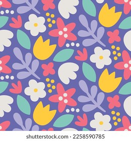 Seamless cute vector floral pattern with flowers, plants, branches, leaves, nature